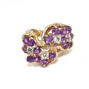 Vintage 14K Gold Purple Amethyst Diamond Cluster Cocktail Ring 6.25